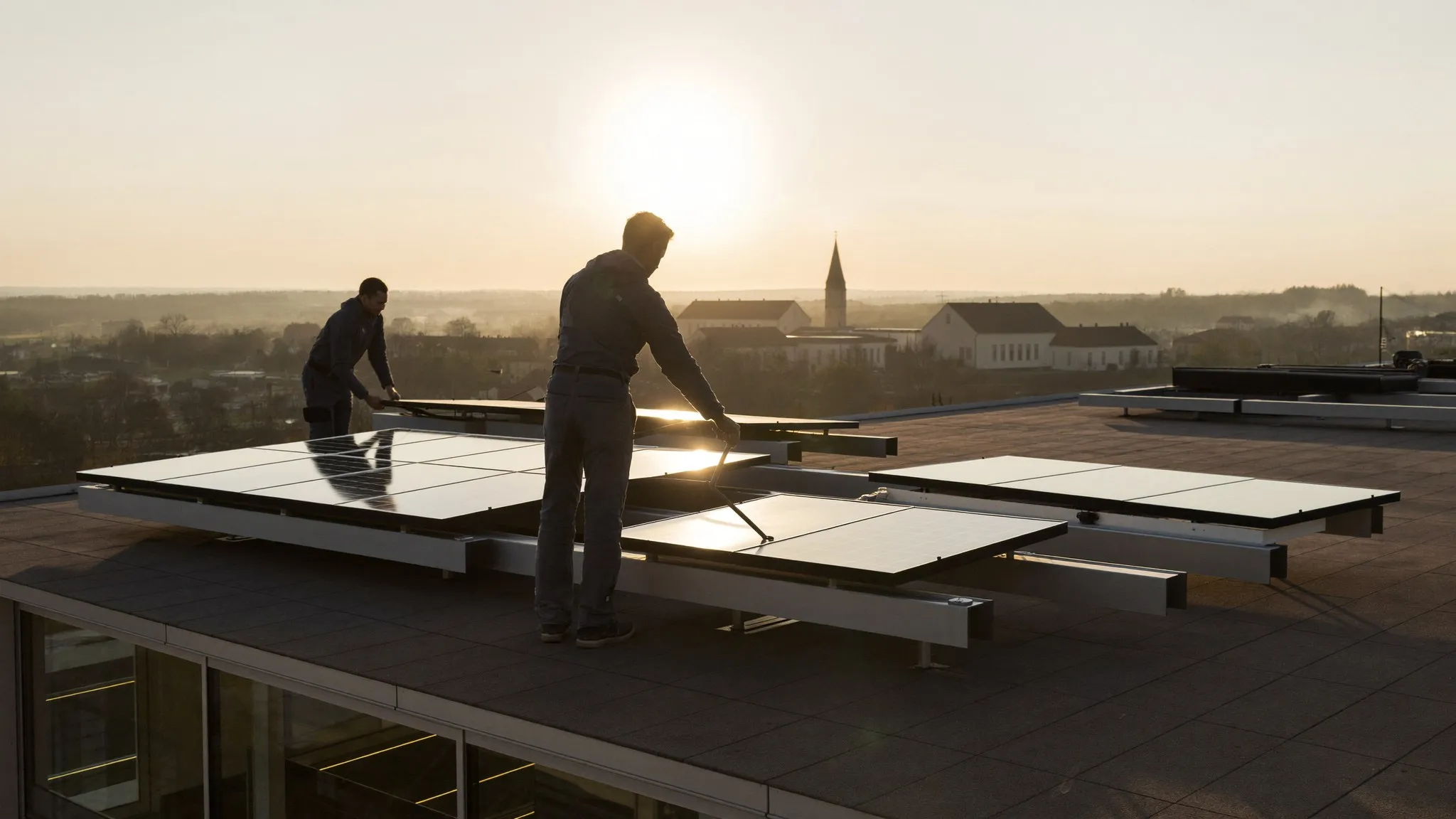 PV-Montage auf einem Gewerbedach in der Abendsonne
